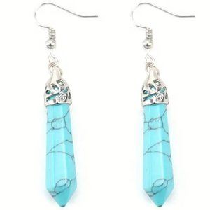 Hexagon Point Blue Howlite Natural Stone Dangle Earrings